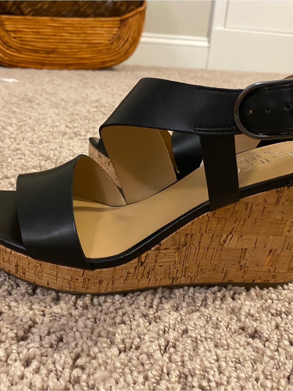 Franco Sarto Black Leather Wedge Sandals - Picture 2 of 4